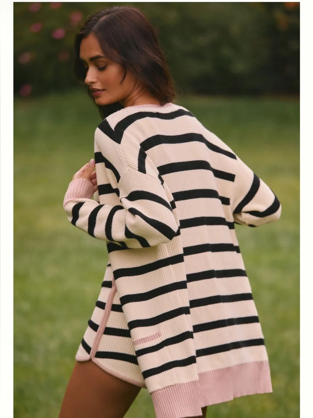 Anthropologie Size XL Striped Knit Cardigan, Crop Top & Shorts Set -Pink & Black - Picture 5 of 15